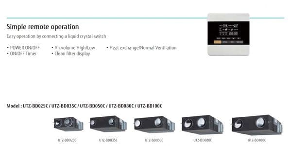 Fujitsu Air Conditioning UTZBD025C Energy Recovery Ventilator 250m3/h 240V~50Hz